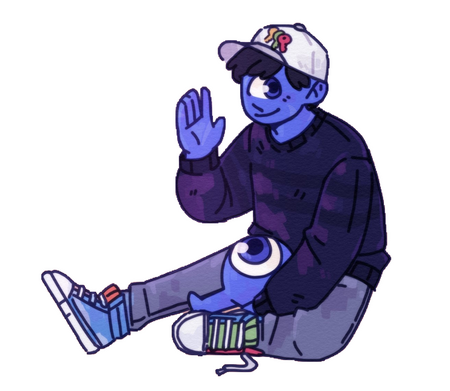 A digital drawing of Ryan Krinios, a blue cyclops. They're wearing a white baseball cap with some colourful keys on it.